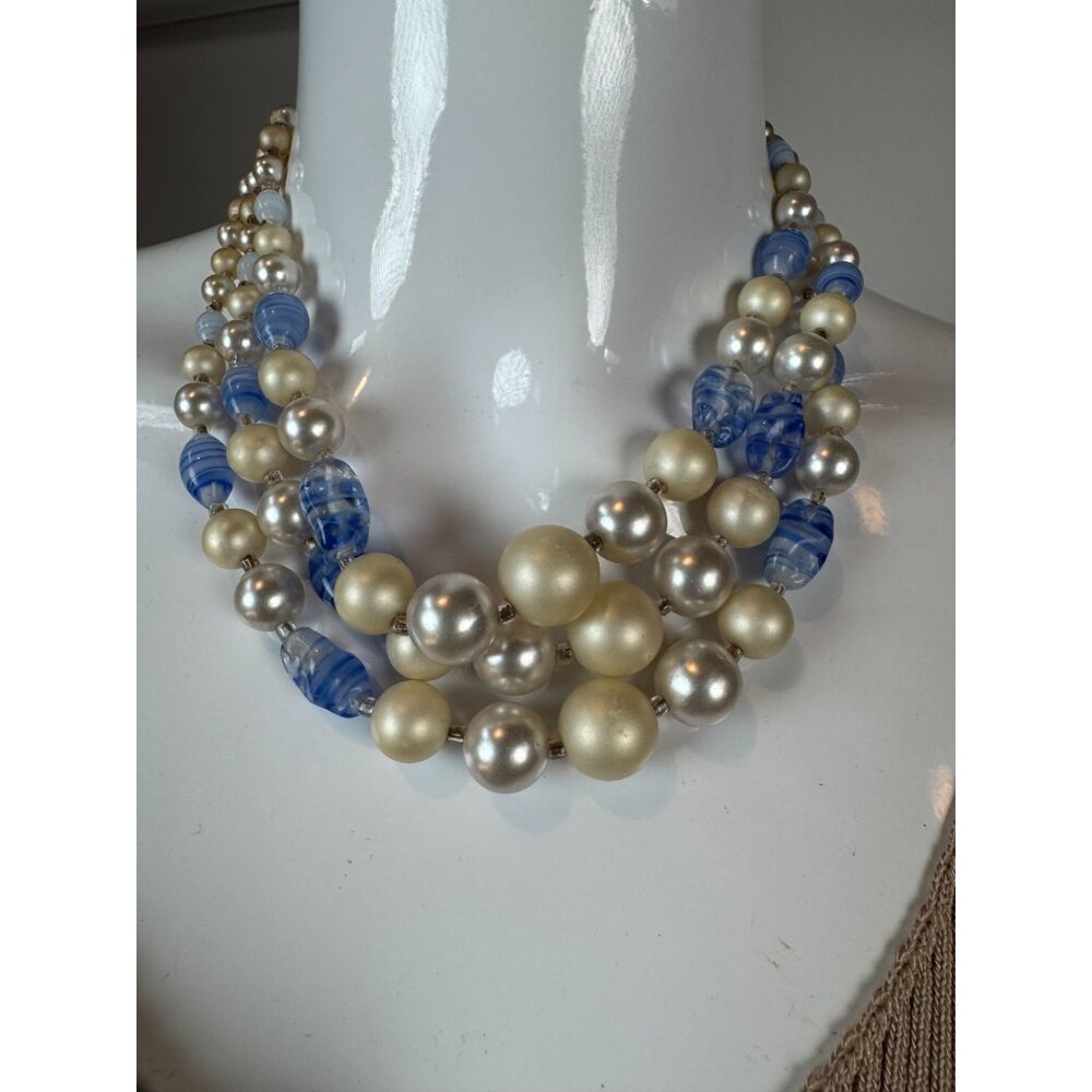 Vintage Multi-Strand Faux Pearl & Blue Bead Necklace Elegant Statement Piece